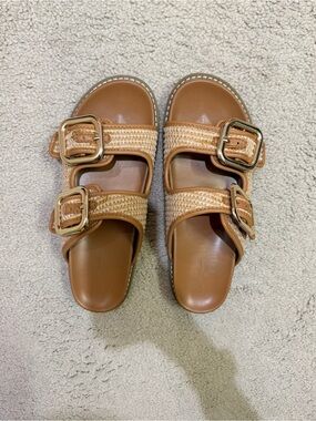 Universal Thread Raffia Double Buckle Slide Sandals Tan | Size 7.5
